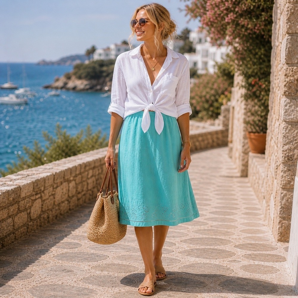 Embroidered Linen Skirt Womens Size 8 Turquoise Blue Classic Coastal Vacation